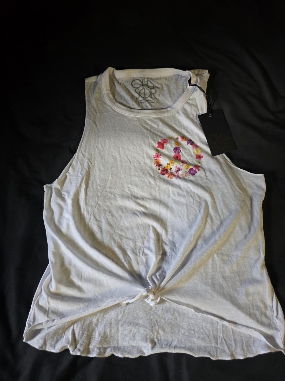 Chaser White Tank with Floral Peace Sign Accent